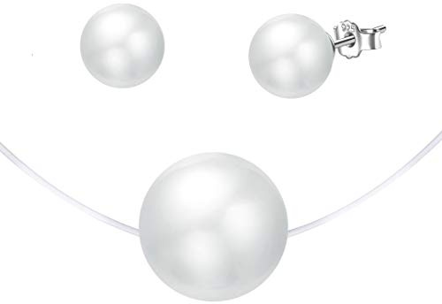 Unsichtbare Perlenhalskette, Choker, kurze Halskette mit Nylonkette, Perlenanhänger für Mädchen Damen, Perlenohrringe, Schmucksets, Geschenk zum Jahrestag Weihnachten