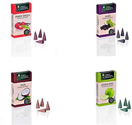 Crottendorfer Original Räucherkerzen Größe M in fruchtigen und blumigen Duftnoten für Jede Jahreszeit (Grüner Apfel, Erdbeer-Vanilla, Cassis & Cocos, 4er)