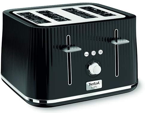 Tefal Loft 4-Slot Toaster with Extra-Wide Slots, Adjustable Browning, Defrost & Reheat Functions, Removable Crumb Tray, High Lift Lever, Classic Grooved Design in Black