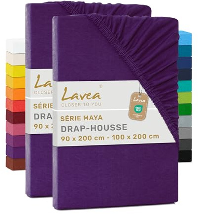 Lavea® 2er Pack Jersey Spannbettlaken 90/100x200cm – Dunkellila | 100% Baumwolle – Weiches Bettlaken für Matratzen bis 20 cm Höhe – Formstabil und Langlebig