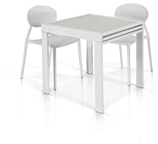 Ausziehbarer Tisch bis zu 180 cm, modern, Tischplatte aus weißem Glas, Basis aus Metall, Maße: 90 x 90 x 75 cm.