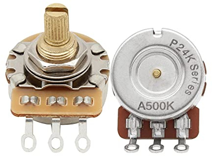 FLEOR Short Brass Shaft Control Pots A500K Audio Taper Potentiometer 24 Spline Split Shaft D3/8 für E-Gitarren Control Volume Tone, 2er Pack
