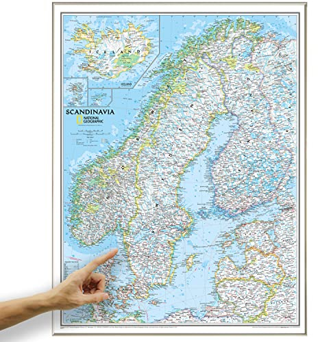 ORBIT Globes & Maps - Skandinavien Landkarte, Kartenbild von National Geographic - Pinnwand Landkarte classic mit Alurahmen, Aktuell 2019, 58 x 76 cm, englisch