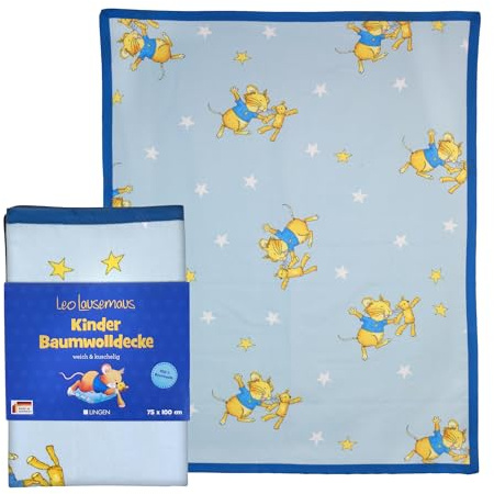 Leo Lausemaus Kinder Baumwolldecke, blau, 75 x 100 cm, Oeko-TEX® Zertifiziert - leichte Decke aus 100% Baumwolle, trocknergeeignet - für Jungen und Mädchen