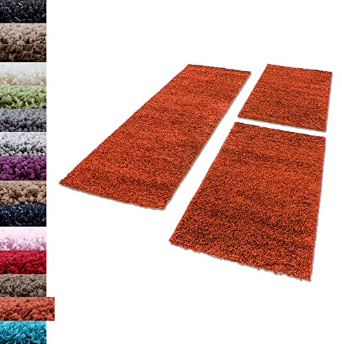 Carpettex Bettumrandung Schlafzimmer 3teilig Shaggy Teppich Hochflor Einfarbig Terra Bettset:2 mal 60x110 + 1 mal 80x250 - Bettvorleger Schlafzimmer Läuferset Weicher Flauschig Bettumrandung Teppich