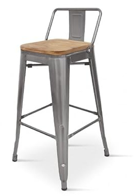 Kosmi - Barstuhl, hoher Hocker im Industrie-Stil mit Kleiner Rückenlehne aus rohem Metall, verzinkte Optik und Sitzfläche aus hellem Naturholz
