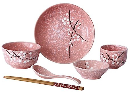 SHERCHPRY 6pezzi Stoviglie in Ceramica Rosa Design Elegante Ciotole Smaltate Piatti Per Sushi e Tazze Giapponesi Incluse Bacchette Per Cucina Asiatica Per Uso Domestico e Conservazione