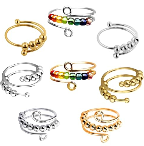SHOWHEEL 8 Stück Verstellbare Anti Stress Ring Angstlinderung für Damen, Fidget Ring für Frauen und Herren