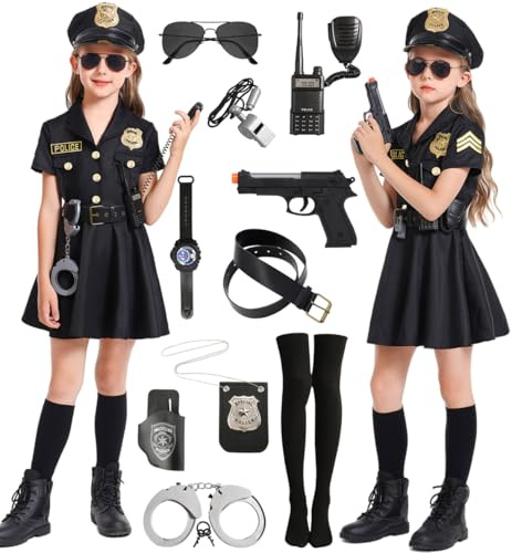 Mrsclaus Polizei Kostüm Mädchen Luxus Polizei Offizier Kleid Set für Kinder Karneval Mottoparty Halloween Polizeikostüm Ausrüstung Polizeikelle Polizei Spielzeug Schwarz C030L
