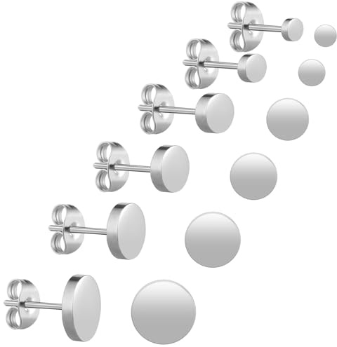 6 Paia Orecchini a Bottone Punto Unisex Orecchini Uomo a Bottone in Acciaio Inossidabile Argento Rotondo Piatto Top Orecchino Argento Uomo Set Donne Uomini Ragazze (3mm-8mm)