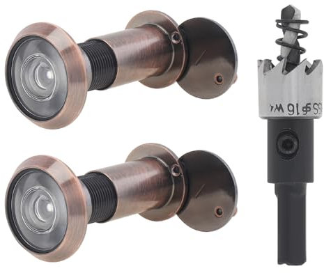 HOJLKLD Mirilla para puerta, mirilla de 200 grados con broca de 16 mm para puertas de 1-3/8 a 2-3/8 pulgadas, visor de puerta con cubierta de privacidad (cobre antiguo cepillado, juego de 2 mirillas +