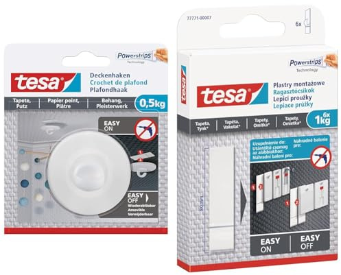 tesa Deckenhaken Tapeten & Putz - selbstklebender Haken & Powerstrips Tapete&Putz - doppelseitige Klebestreifen für Tapete und Gips