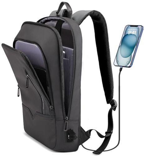 hk Backpack for Men Business Slim Backpack with USB Charger Computer Lightweight Anti-theft Travel Backpacks 17.3 inch Water Resistant Laptop Bag for Work Office College-Black