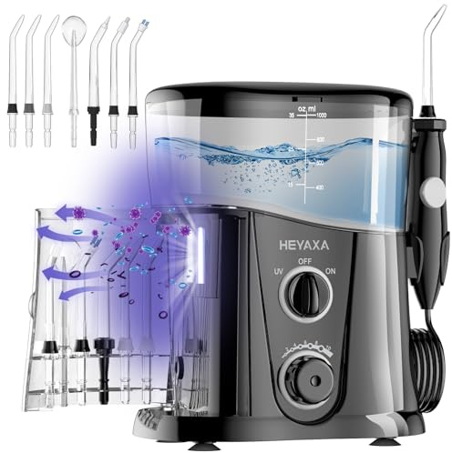 HEYAXA Water Dental Flosser for Teeth Cleaning with 1000ML Large Capacity and UV Storage, 10 Adjustable Pressure Electric Oral Irrigator with 7 Jet Tips, Gifts for Dental Health Seekers