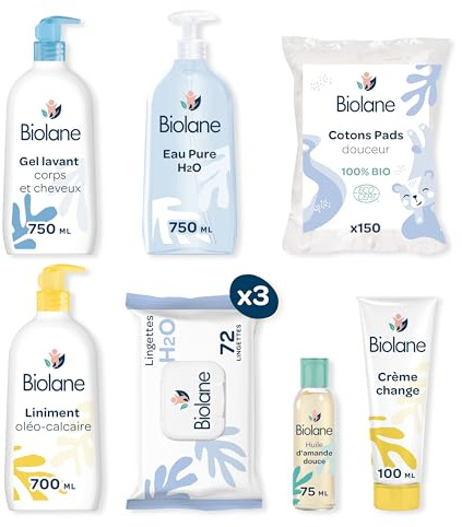 BIOLANE - Kit Naissance Premiers jours - Bébé - 216 Lingettes - Eau pure - Gel Lavant - Liniment - Crème change - Coffret Bébé - Peaux Sensibles - Dès la naissance