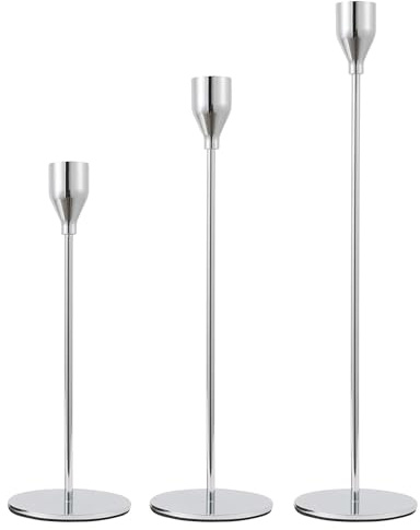 Silberne Kerzenständer 3 Stück für Stabkerzen, Kaminsims Kerzenhalter Set für Tischmittelpunkt, Moderne hohe Kerzendeko für Hochzeit/Party/Abendessen/Jubiläum