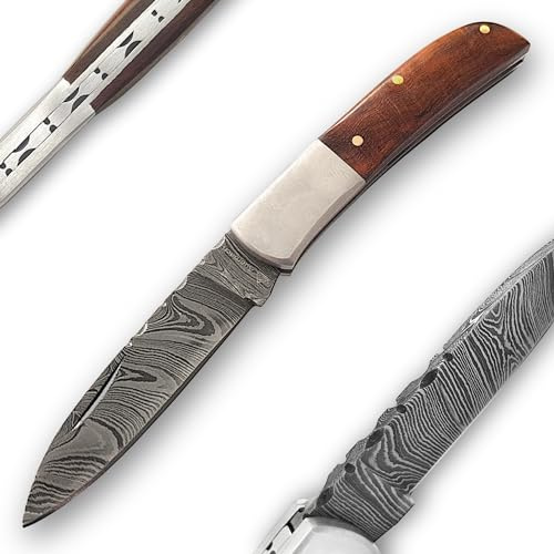 Auerbach Damastmesser Nussbaumholz - Taschenmesser Klappmesser Zweihandmesser traditionelle Handarbeit Damaststahl handgeschmiedet | Geschenke für Männer