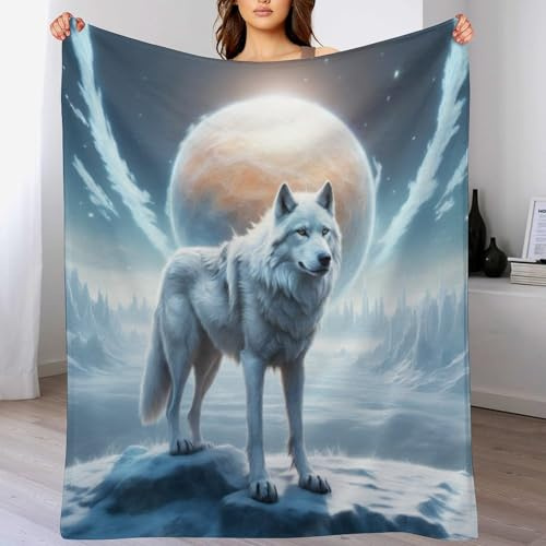 Wolf Wolldecke Wohndecke Warm & Kuschelig Waschbar, Überwurf Ideal Für Draußen, Camping, Couch, Bett, Reisen – Superweiche Wolldecke（150×200cm）