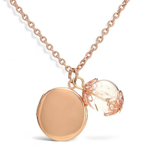 Foto Medaillon Halskette mit Pusteblumen Anhänger - Farbe Rosegold - Kette 70cm - Naturschmuck - Exklusive Geschenkbox