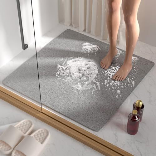 HITSLAM Duschmatte rutschfest, 68x68cm Badewannenmatte rutschfest mit Ablauf, Weiche PVC-Luffa Antirutschmatte Badewanne, Schnell Trocknende Badematte, Grau