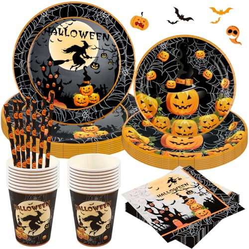 AKONE Set di Stoviglie per Feste di Halloween, Decorazione da Tavolo con Piatto di Carta di Halloween, Tovaglioli, Striscioni, Set per Bambini (20)