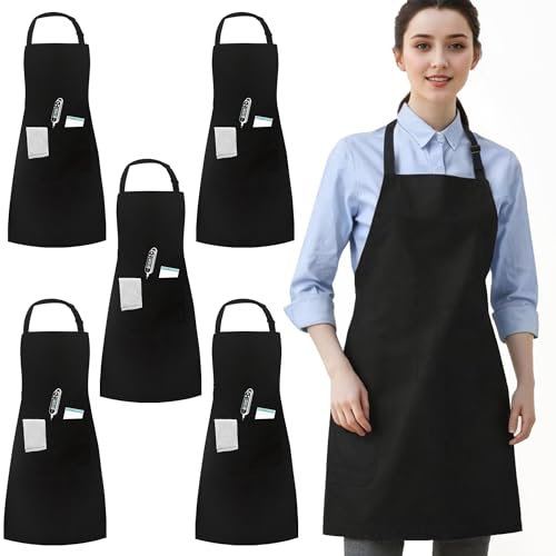umboom 5 Pack Black Chef Apron for Women Men, Professional Work Apron for School, Catering, Kitchen, Restaurant, Bistro, Bar, Café, Garden, Salon (Adjustable, 3 Pockets)