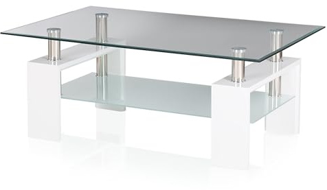 KHG Couchtisch weiß, Tischplatte inkl. Ablagefläche aus Glas transparent | Gestell aus Holzwerkstoff foliert in weiß, 30 kg belastbar, klassischer Couchtisch fürs Wohnzimmer, 60x100x45 cm