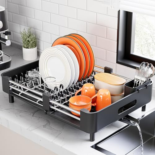 Urackify Stainless Steel Dish Drying Rack - Dish Drainer for Kitchen Counter, Extendable Drainboard with Foldable, Space-Saving Cup & Bowl Organizer, Includes Knife and Utensil Holder, Black