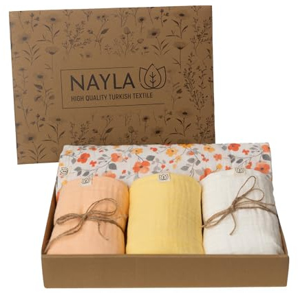Nayla Muselinas Bebe Algodon 120x120 y 65x65-100% Organico con Gasas Grandes Suaves para Recién Nacido Muy Versátiles como Arrullo para Verano - Manta Ligera Color Amarillo Flores.