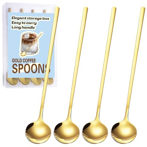 4PCS 6.7Inches Gold Coffee Spoons for Coffee Bar, Gold Long Handle Coffee Spoon Espresso Spoon for Stirring Coffee, Ice Tea, 304 Stainless Steel Tea Spoons, Coffee Bar Accessories