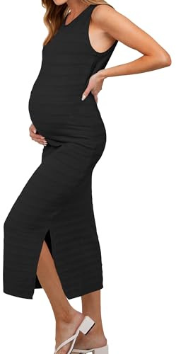 OUGES Women's 2025 Maternity Dress Knit Sleeveless Crewneck Lang Pregnancy Dress Side Slit Striped Bodycon Sweater Clothes