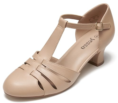 YESSA 1920s Shoes for Women,T-Strap Character Shoes,2 Dance Shoes for Ballroom Latin Salsa Folklorico Tango Swing Wedding Flapper Gatsby Shoe 7.5 Tan