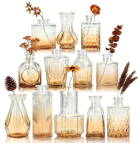 BTSD-home Bud Vases in Bulk Glass Vase for Centrepieces, Set of 12 Small, Mini Vintage Vases, Home Table Decorations (Amber)