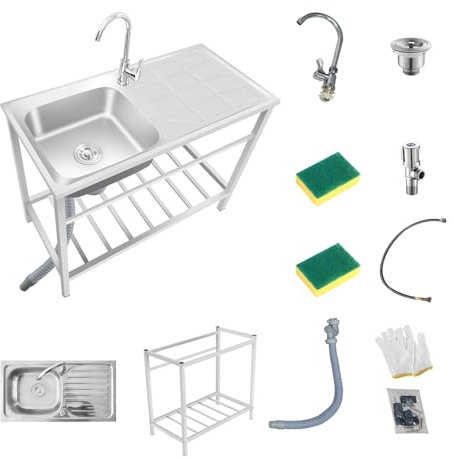 Außenbereich Edelstahlspüle Waschbecken Handwaschbecken Edelstahl Einzelbecken Freistehend Mobile Kommerziell Küche Spüle Mit Wasserhahn Waschtrog Spültisch für Werkstatt Garten Garage(83x50xH75cm)