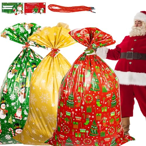 3 st jumbo julsäckar extra stora väskor 91 x 142 cm överdimensionerade julklappspåsar enorma stora tomtesäckar leksak omslagspåsar gigantiska presentväskor för julklappar med dragsko röd grön guld