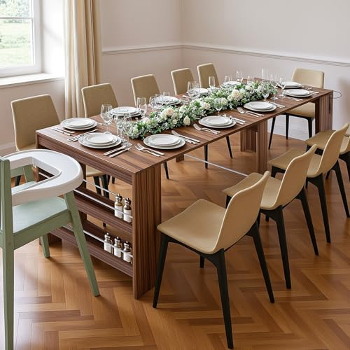 Kikihouse Modern Extendable Dining Table for 2 to 12 People with Outlet, Space Saving Expanding Table with Storage for Party, Weddings, Meetings, Celebrations (Brown)