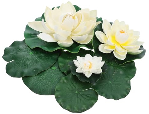 LOORGVEL 9 pièces Nénuphars Flottants Artificiels avec Fleurs Blanches Réalistes et Vertes Décorations Résistantes pour Bassin Étang et Jardin