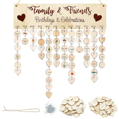Birthday Calendar Reminder Board, DIY Wooden Wall Hanging with 50 Round Discs & 50 Heart Tags, Family & Friends Birthday Tracker Decor
