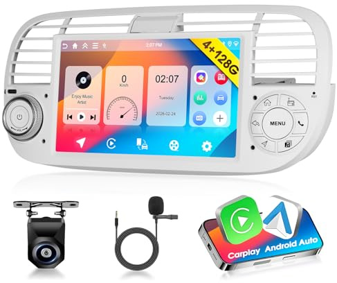 Motorsi Autoradio Android 15 Per Fiat 500 2007-2015 7 Touchscreen IPS, 4+128GB CarPlay/Android Auto Wireless, Radio Sostitutivo Plug & Play Con GPS