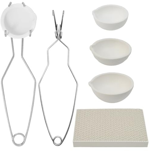Vurixfo 5 Pcs Ceramic Crucible Kit, 3 Sizes Quartz Crucible Bowl Dish Cup with Crucible Tongs Honeycomb Soldering Board for Melting Metal Casting Jewelry Refining Lab DIY Projects, 100g/ 250g/ 500g