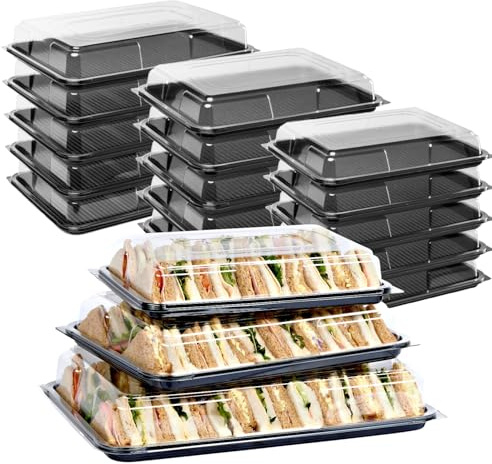 30 Mixed Reusable Serving Platter Trays & Lids Set - Includes 10 x Large Sandwich Platters, 10 x Medium Buffet Platters, 10 x Small Party Platters with Crystal Clear Lids and Black Bases