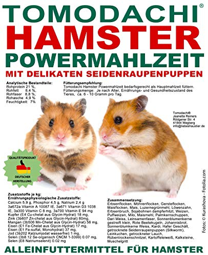 Tomodachi Hamsterfutter, Komplettfutter für Hamster mit tierischen Eiweißen, Seidenraupen, viel Gemüse, wenig Pellets, Erbsenflocken, Möhrenflocken, Kräuter, Nüsse, Hamster Powermahlzeit 10kg Sack