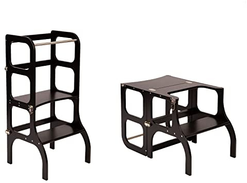 Ette Tete STEP'n'SIT® • Wandelbare Montessori Lernturm + Tisch, 2 in 1 (mit Silberverschlüssen, Schwarz)
