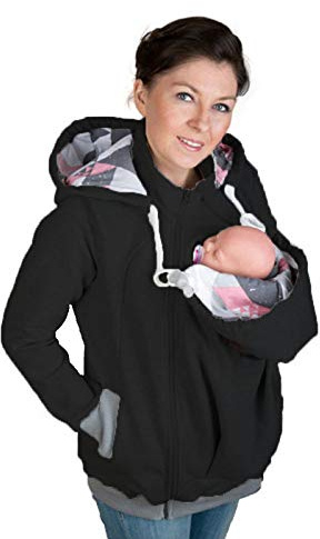 DNJKH Damen Winter Warm Umstandsjacke 2 in 1 Polarfleece Känguru Tragejacke Sweatshirt,Schwarz,XXL