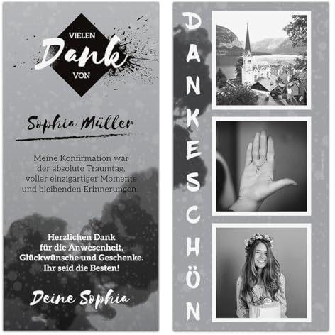 Kartenmachen.de Individuelle Konfirmation Dankeskarten Danksagungskarten individuell mit Text und 3 Fotos, ab 10 Stück Menge wählbar, DIN Lang 98x210mm - Foto-Streifen