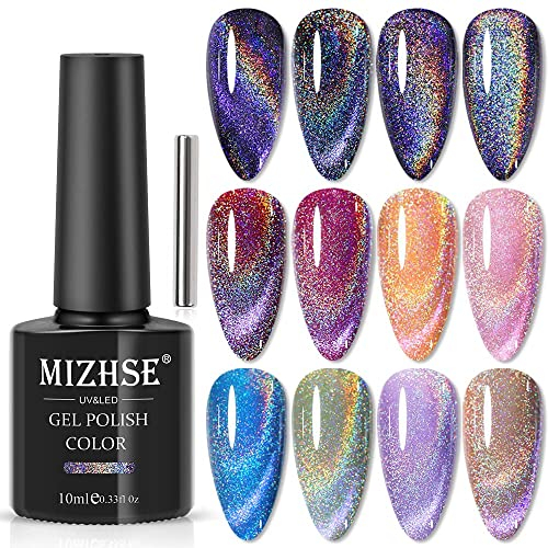 MIZHSE Cat Eye UV Gel Nagellack Set - Universeller Regenbogen, Holografisch 9D Magnet, Chamäleon Glitter für Nageldesign - Sparkle Gel Polish mit Magnetstift