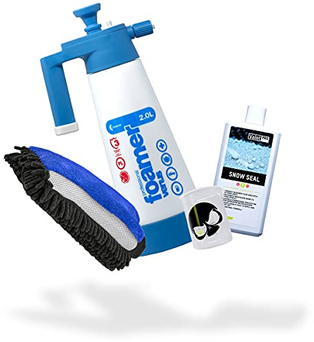 detailmate Foam & Seal Autowäsche Set: ValetPRO Snow Seal 500ml + Kwazar Venus Super Foamer Cleaning Pro 2 Liter + 3in1 Chenille Waschhandschuh + Griffin Messbecher 150 ml skaliert