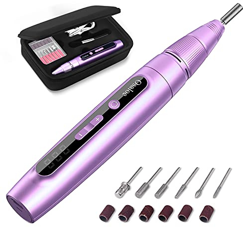 Elektriska nagelfräsar, professionell elektrisk nagelfil, uppladdningsbar 30 000 varv/min, justerbar hastighet med batteri, LED-display, pedikyr, set för nagelstudio, hem, gör-det-själv (rosa)