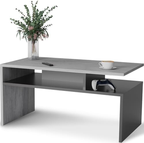 Meble Pitus Couchtisch mit stauraum ST-4 (Trebia) Beton - Schwarz – Moderner Wohnzimmertisch 90×50×45 cm im Industrial Stil – Couchtisch Betonoptik mit Ablagefach, robuster Sofatisch, pflegeleicht