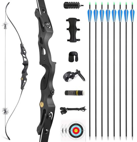59 Takedown Recurvebogen Set 20-50 lbs Sportbogen Hochfeste Aluminiumlegierung Recurve Bow mit Carbonpfeile und Jagdzubehör Jagdbogen für Erwachsene (30lbs, Bogen Set)